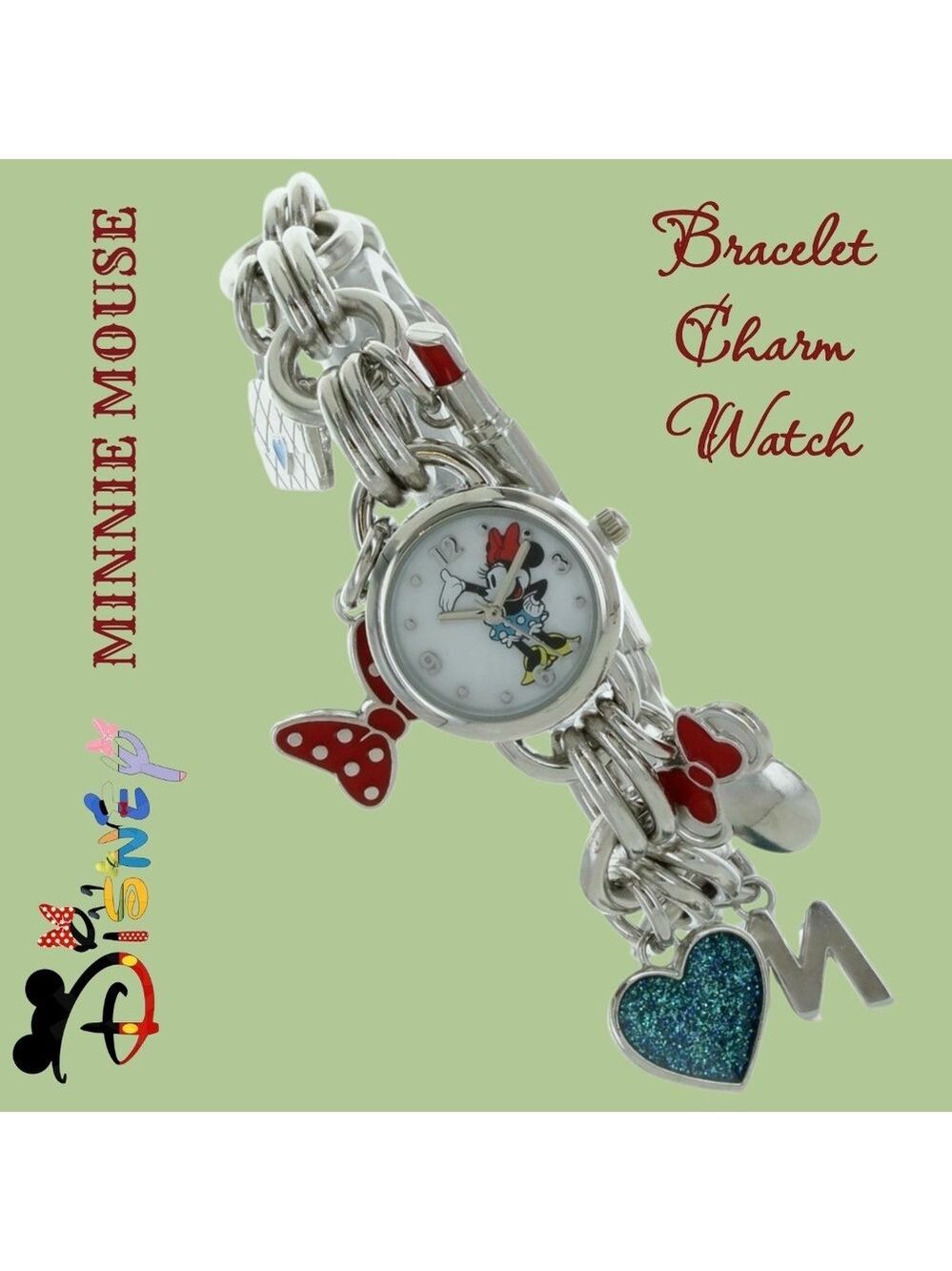 Disney Minnie Mouse Women’s Stainless Steel Charm Bracelet Watch NWT/BOX